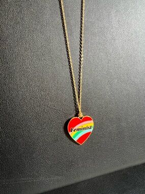 Feminist Heart Necklace Gold Tone Rainbow Pendant Statement Jewelry